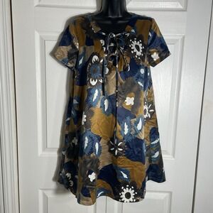 Moon River Boho Floral Satin Mini Dress Women M Blue Gold Floral Laced Neckline
